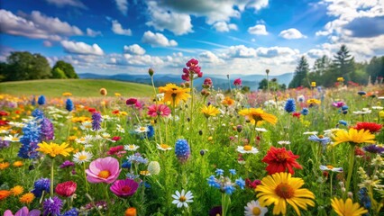 Obraz premium A vibrant mix of colorful wildflowers and grasses in a lush meadow, outdoors, meadow, nature, landscape, wildflower fields
