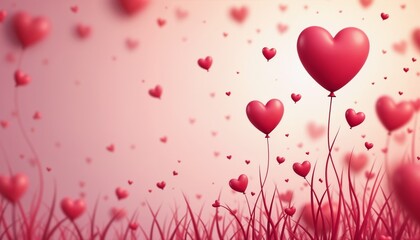 Bunch of red hearts are floating in the air, with some of them being tied to balloons. The scene is filled with love and happiness, as the hearts and balloons create a whimsical