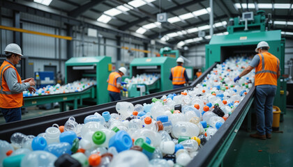 Workers recycling plastic bottles on conveyor belt in industrial facility, sustainability