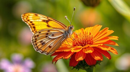 Vibrant Orange Butterfly Gracefully Perched on Matching Orange Blossom in Sunlit Garden
