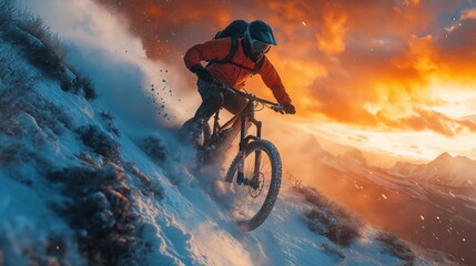 Naklejka premium Mountain biker descending alpine cliff with dramatic sunset lighting