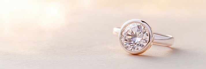 Elegance captured in a close-up of a stunning bezel set engagement ring with a dazzling center stone