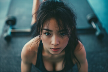 Naklejka premium A woman is posing for a picture in a gym