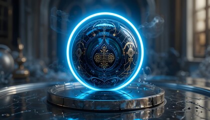 A futuristic orb made of polished obsidian, encased in a ring of glowing neon-blue light, with delicate gold engravings tracing ancient symbols, The orb hovers over a reflective metallic surface.