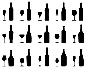 Black silhouettes of wine bottles and glasses on a white background