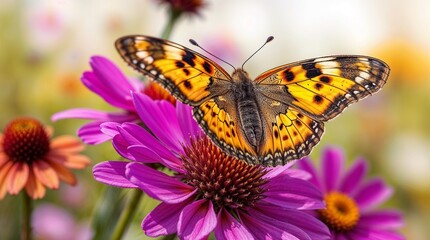 Obraz premium Painted Lady Butterfly Elegantly Poised on Vibrant Purple Coneflower in Natural Garden Setting 