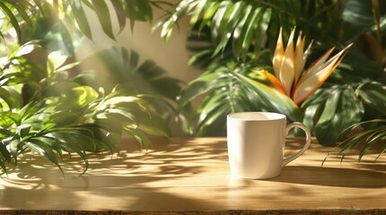 Obraz premium A white coffee mug sits on a wooden table surrounded by tropical plants with the morning light streaming through the foliage, morning, wooden