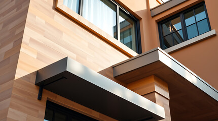 Fototapeta premium Modern House Exterior: Wood and Metal Architectural Design. Contemporary Home with Stylish Facade and Large Windows. Real Estate, Property, and Residential Architecture.