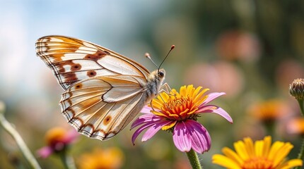 Obraz premium Graceful White Butterfly Delicately Feeding on Vibrant Pink Flower in Serene Summer Meadow 