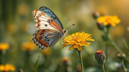 Obraz premium Detailed Portrait of Orange-White Butterfly Resting on Brilliant Yellow Flower in Sun-Dappled Garden 