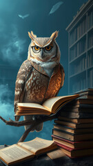 A wise owl sits on a branch surrounded by books, reading a tome with its head tilted to the side on a serene blue background,  nature,  knowledge,  studious,  wildlife,  forest