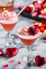 Elegant Pink Cocktail with Heart Garnish for Romantic Valentine's Toast : Generative AI