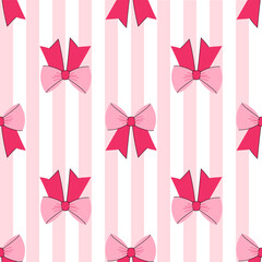 Seamles pattern with a vintage bows on a striped background. Pink bows print. Vector background with coquette ribbons in retro style.