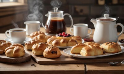 A wooden table with a selection of pastries including Danish and scones alongside a steaming pot of coffee , dessert, food, pastry