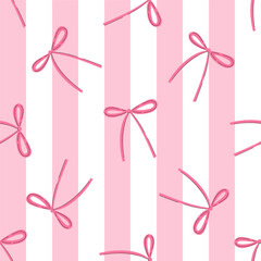 Seamles pattern with cute coquette bows on a striped background. Pink bows print. Vector background with simple ribbons in retro style.