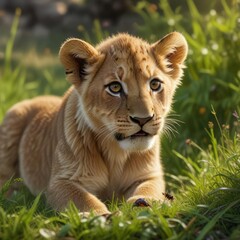 Fototapeta premium A young lion cub discovering a small ant colony in the grass, sunlight, wildlife, ant