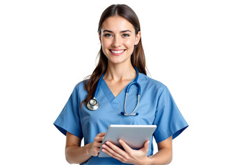 Smiling Female Nurse in Blue Scrubs with Stethoscope Holding Tablet – Healthcare Professional Isolated on Transparent Background