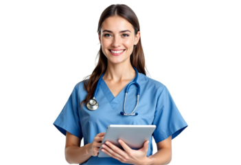 Smiling Female Nurse in Blue Scrubs with Stethoscope Holding Tablet – Healthcare Professional Isolated on Transparent Background