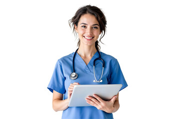 Smiling Female Nurse in Blue Scrubs with Stethoscope Holding Tablet – Healthcare Professional Isolated on Transparent Background