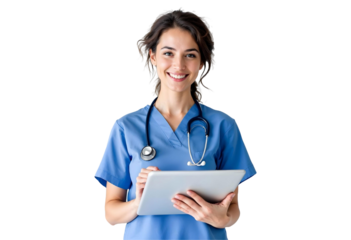 Smiling Female Nurse in Blue Scrubs with Stethoscope Holding Tablet – Healthcare Professional Isolated on Transparent Background