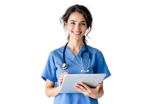 Smiling Female Nurse in Blue Scrubs with Stethoscope Holding Tablet &ndash; Healthcare Professional Isolated on Transparent Background