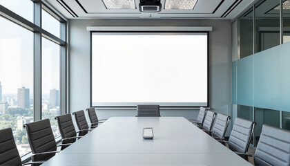 Modern conference room setup for presentations in cityscape, business environment