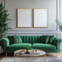Cozy stylish living room interior with emerald velvet sofa, coffee table and mockup of two empty poster frames on the wall background, modern home decor concept