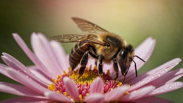 Photorealistic close up of honey bee hovering over flower, soft green background, spring atmosphere