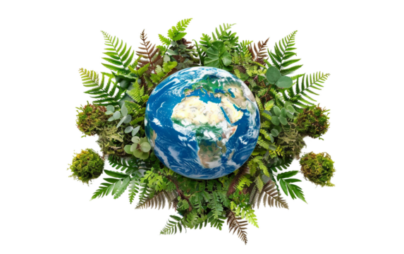 Earth globe encircled by a diverse range of ferns showcasing nature rich biodiversity Isolated on Transparent background PNG