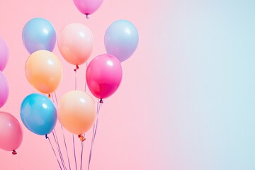 collection of colorful birthday balloons gently floating against solid color background capturing minimalistic style
