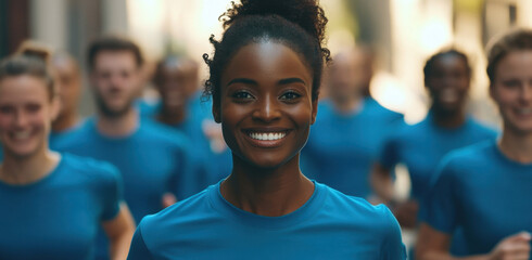 A diverse group of runners enjoys a lively jog together on a bustling city street, showcasing smiles and energy under bright sunlight in the afternoon.