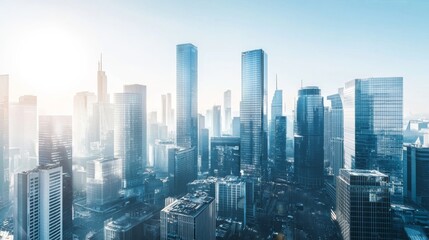 Obraz premium Aerial view of a modern cityscape featuring tall skyscrapers and business buildings under bright, clear daylight