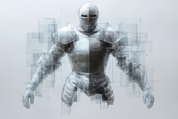 digital interpretation of knight armor displayed as fragmented holographic panels suspended in midair with copy space