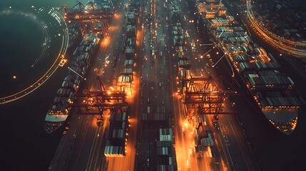 Obraz premium Vibrant global trade network concept with cargo ships and cranes working at an industrial port