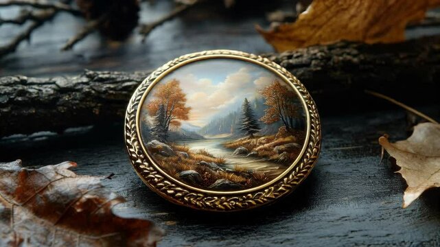 Vintage landscape painting on antique brooch with autumnal forest background