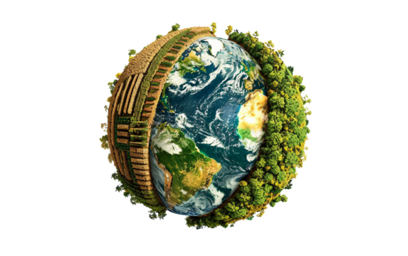 Earth globe encircled by agricultural fields and farm landscapes showcasing global food production Isolated on Transparent background PNG