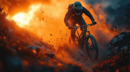 Naklejka premium Mountain biker descending alpine cliff with dramatic sunset lighting