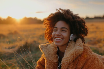 A woman with curly hair is smiling while wearing headphones