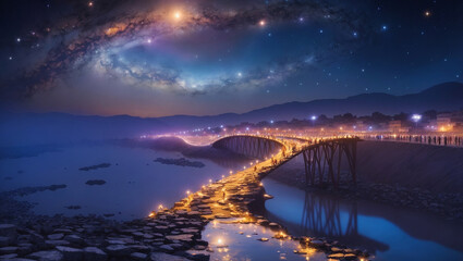 An illustration shows a bridge illuminated at night, with a vivid galaxy in the sky above. This image is an upload for an online stock image service.