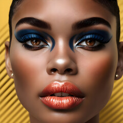 Naklejka premium Close‑up portrait featuring metallic gold makeup with shimmering eyeshadow, reflective textured lips and geometric golden background elements creating a futuristic aesthetic