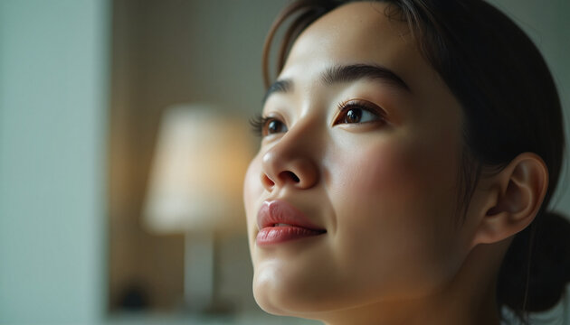 Nostalgic gaze of young Asian woman in minimalist indoor setting, sentimentality