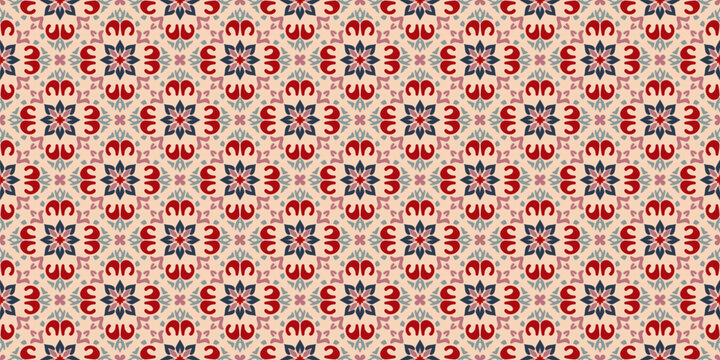 Vector seamless pattern in ethnic folk style. Abstract floral geometric ornament with indian, mughal, oriental, indonesian, islamic, mexican motifs. Ornamental background texture. Elegant geo design