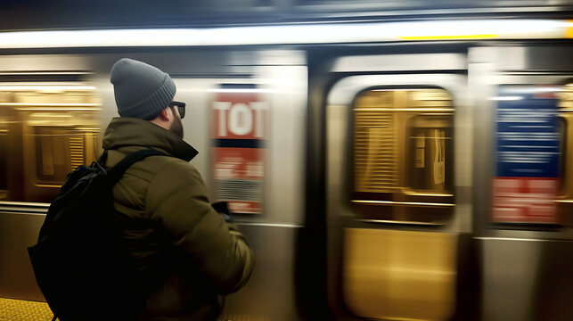 Urban commuter in winter clothing watches blurred subway train pass showing daily metropolitan transit experience in motion