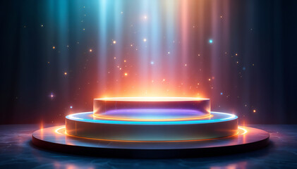 podium glowing with vibrant colors and a futuristic aura. Radiant light beams cascade down, and particles sprinkle, against a dark background