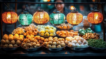A street food stall in an Asian night market buzzes with activity, featuring diverse dishes and illuminated by vibrant lanterns