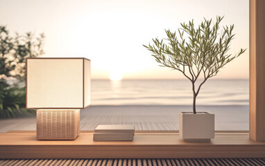 Cozy coastal decor with lamp and plant at sunset overlooking the ocean