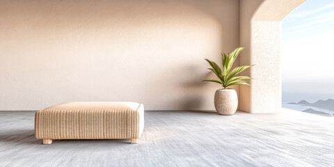 Cozy minimalist interior with plant and ocean view in bright natural light