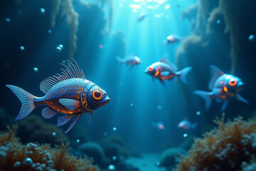 Obraz premium fish swimming in a vibrant underwater scene, abstract marine fantasy art