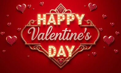 Valentine's Day greeting card, ornate gold text, 3D lettering, red background, heart shapes, romantic design, glowing effects, metallic accents, decorative flourishes, luxury aesthetic, shimmering det