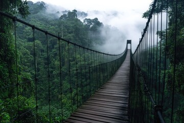 Obraz premium long suspension bridge hanging over misty rainforest valley wooden planks swaying slightly copy space
